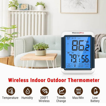 ThermoPro TP65S Digital Wireless Indoor Outdoor Thermometer Hygrometer Temperature & Humidity Remote Monitor Gauge Meter with Backlit LCD, 200ft Rechargeable Outdoor Sensor - Imported from UK